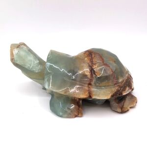 Hand Carved Polished Stone Sea Turtle Figurine - Green Brown Calcite Onyx Marble